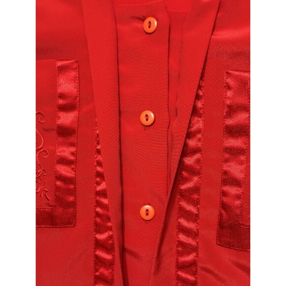 Vintage Christie & Jill Red Button Up Blouse Satin Trim Embroidered Petite 14P - Picture 6 of 9